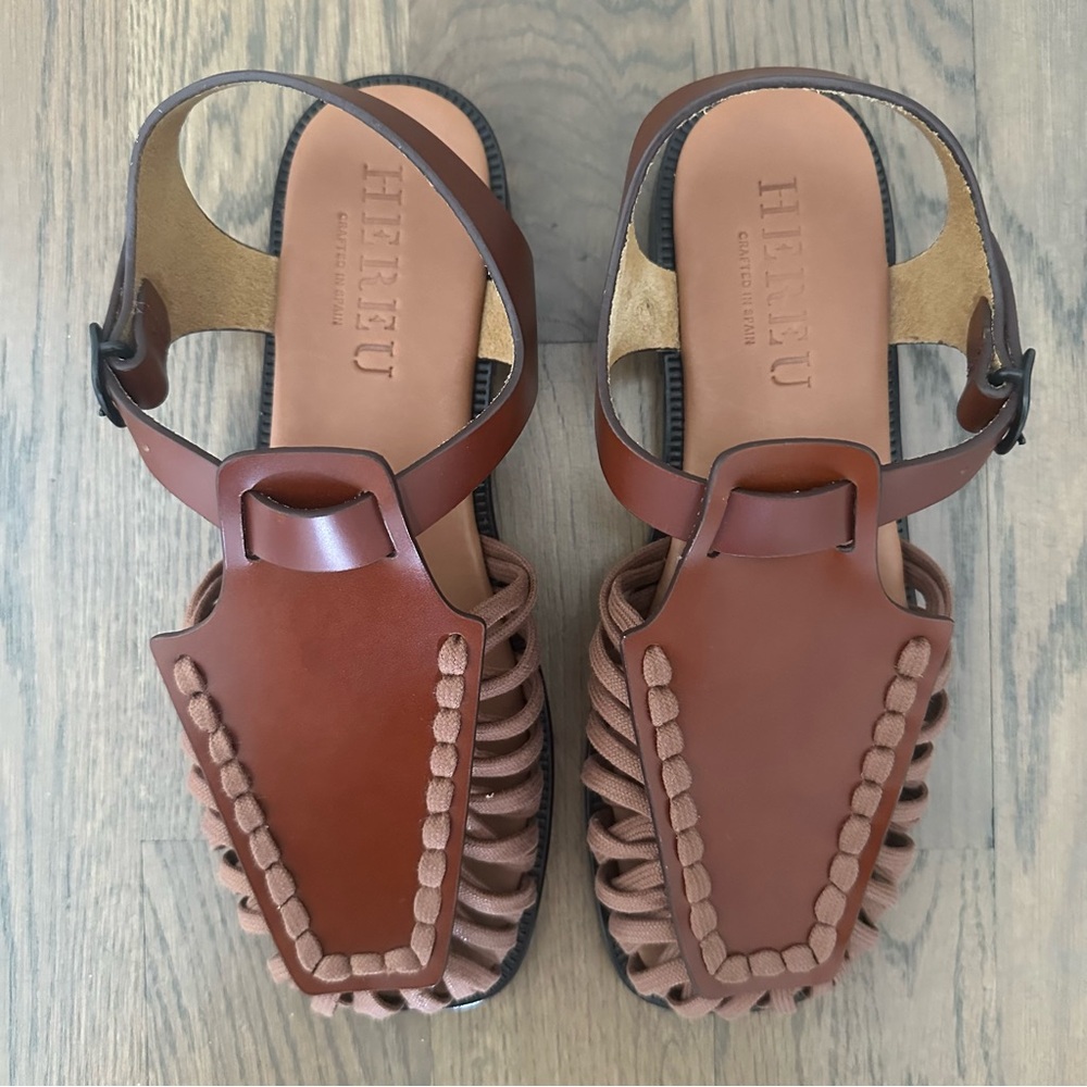 NWT Hereu Women's Alaro Square-Toe T-bar Sandal Brown and Tan Size 38 EU 7.5 US